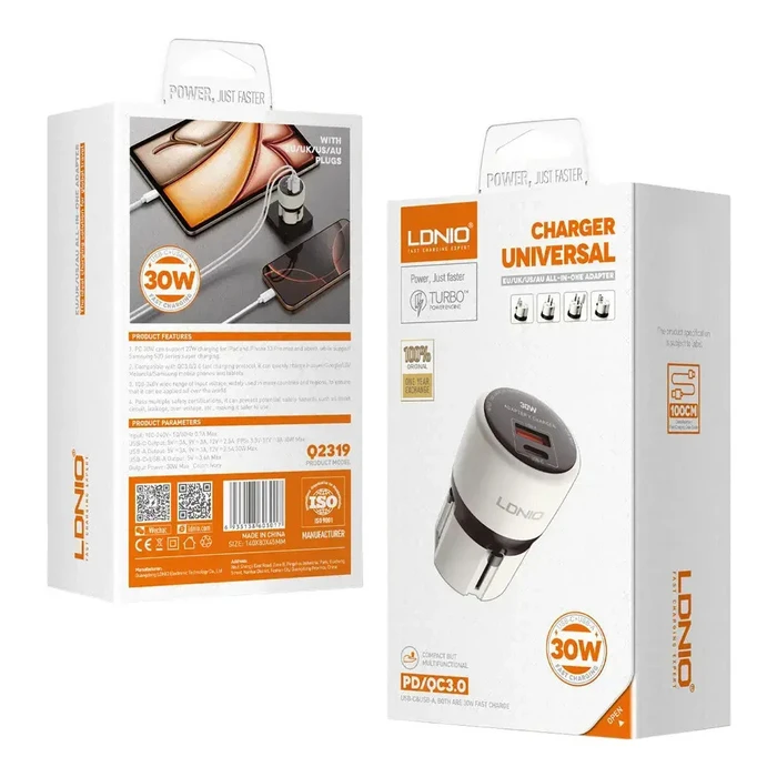 LDNIO Wall Charger Q2319 30W with USB C Cable EU UK US AU