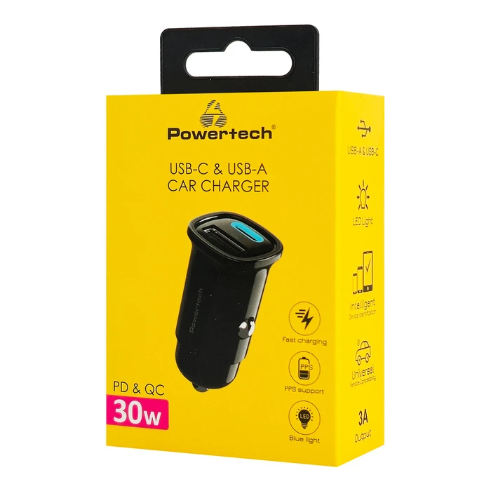POWERTECH Car Charger USB USB C 30W Black