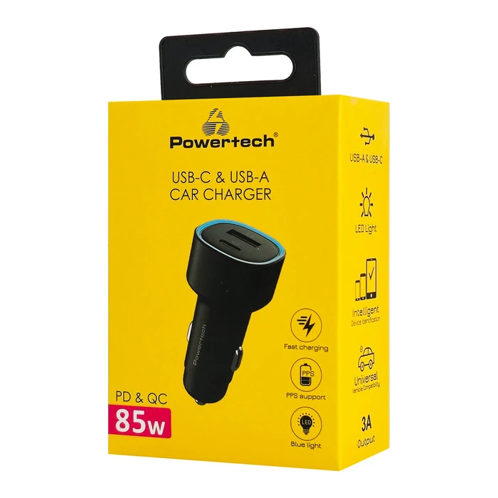POWERTECH Car Charger PT-1539 85W USB and USB C Black