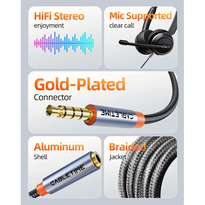 CABLETIME Καλώδιο προέκτασης ήχου 3.5mm 2m μαύρο