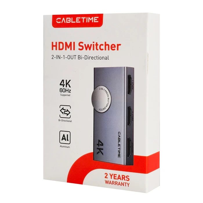 CABLETIME HDMI switch 2 σε 1 4K 60Hz bi directional γκρι