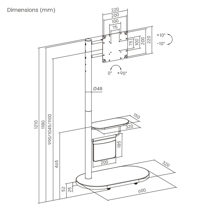 BRATECK Floor TV Stand FS54-22T-02W with Shelf and Wheels