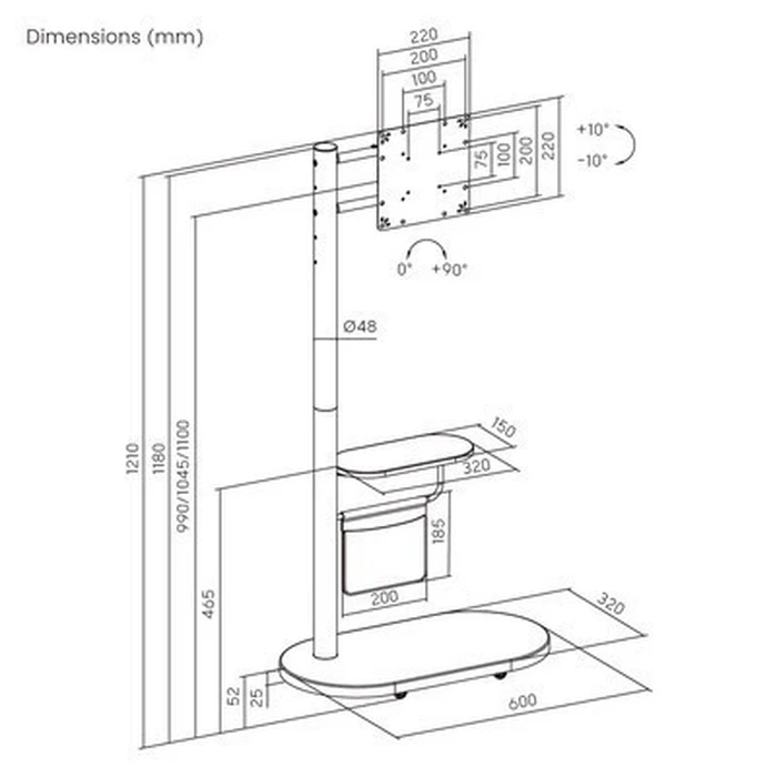 BRATECK Floor TV Stand FS54-22T-02W with Shelf and Wheels