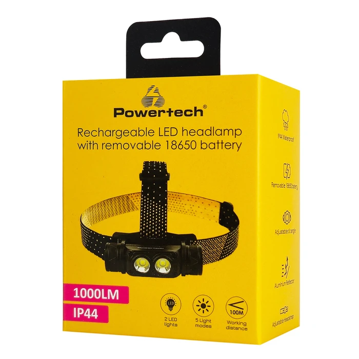 POWERTECH LED φακος κεφαλης PT 1549 επαναφορτιζομενος 1000lm IP44 μαυρος