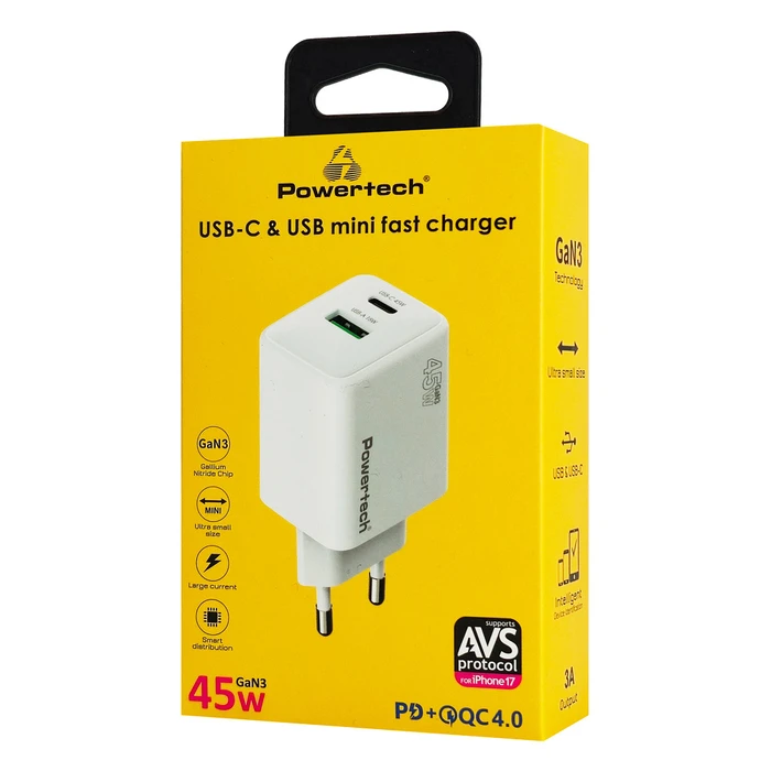 POWERTECH φορτιστής τοίχου PT-1551 USB USB C 45W GaN AVS λευκός