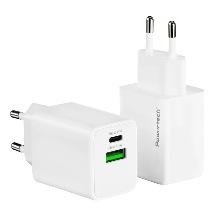 POWERTECH φορτιστής τοίχου PT-1551 USB USB C 45W GaN AVS λευκός