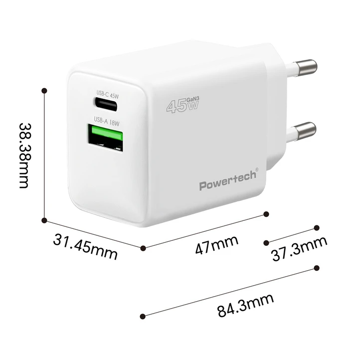 POWERTECH φορτιστής τοίχου PT-1551 USB USB C 45W GaN AVS λευκός