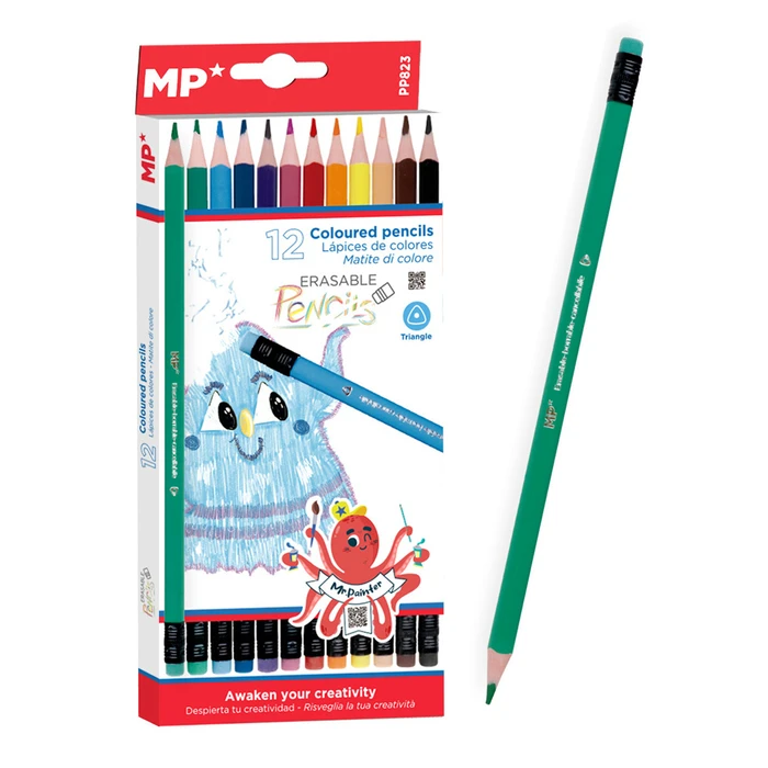 MP Χρωματιστές Ξυλομπογιές PP823 Με Γόμα Τρίγωνες 12 Τμχ