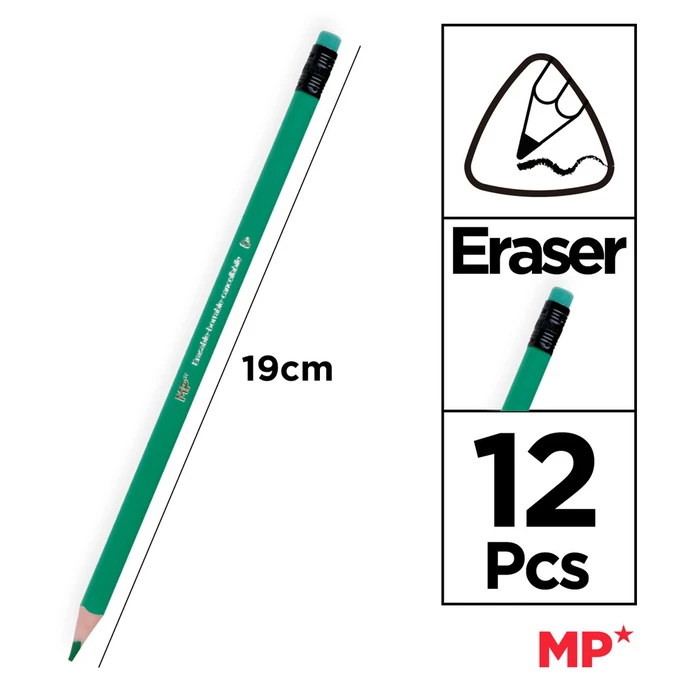 MP Χρωματιστές Ξυλομπογιές PP823 Με Γόμα Τρίγωνες 12 Τμχ