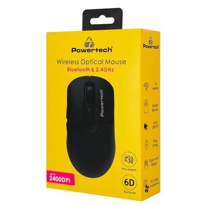 POWERTECH ασύρματο ποντίκι PT 1543 2 4GHz Bluetooth έως 2400DPI αθόρυβο μαύρο