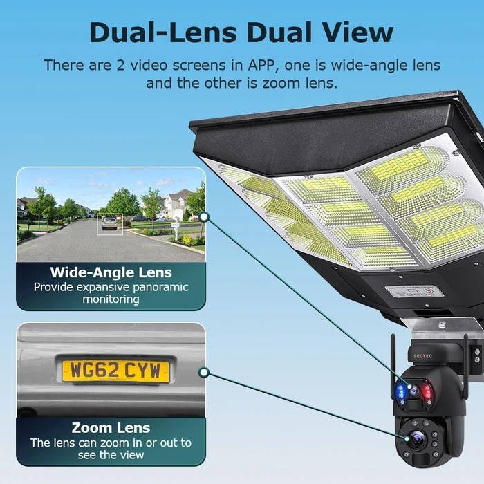 SECTEC Smart Solar Camera Floodlight Dual Lens 3MP 4G PTZ IP66