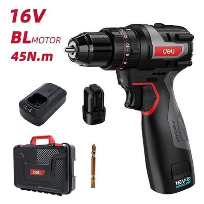 DELI Cordless Impact Drill Driver DE-CZ16-1A2 Brushless 16V 2Ah 45N.m