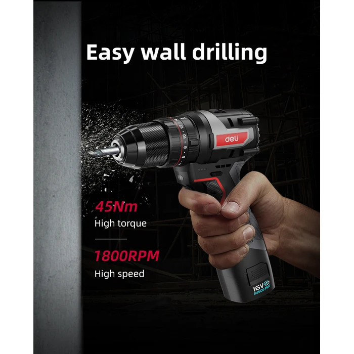 DELI Cordless Impact Drill Driver DE-CZ16-1A2 Brushless 16V 2Ah 45N.m
