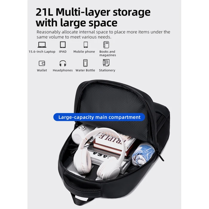 GOLDEN WOLF Backpack GB00707 with 15.6 inch Laptop Compartment 21L Black