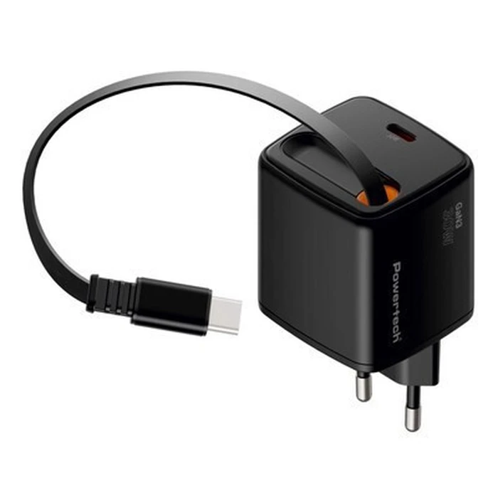 POWERTECH Wall Charger PT 1571 USB C 30W GaN Black with Retractable Cable