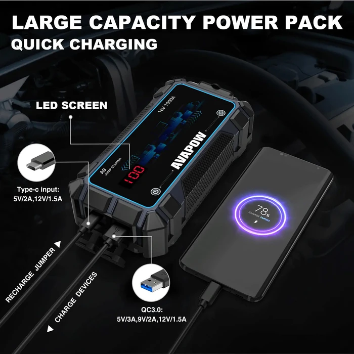 AVAPOW εκκινητής μπαταρίας αυτοκινήτου A9 με φακό 12V 2500A 8000mAh