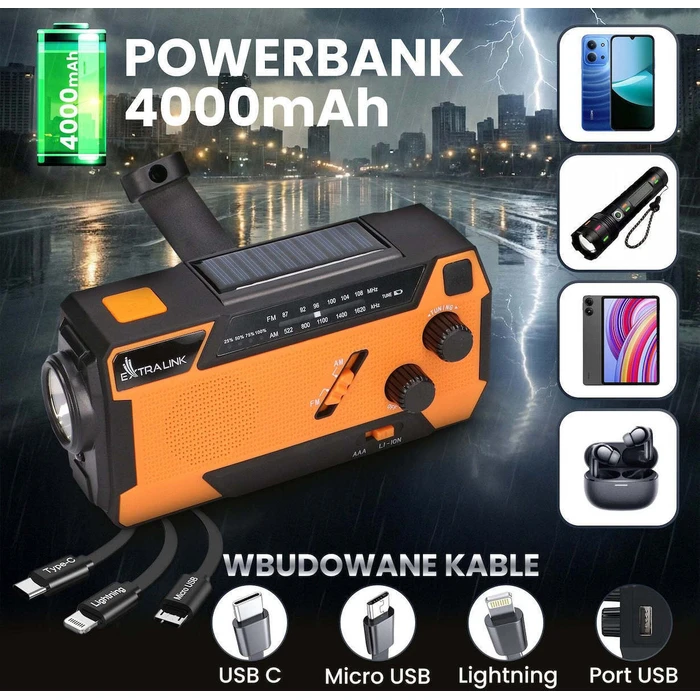 Extralink Ραδιόφωνο Έκτακτης Ανάγκης SR-4000 με Ηλιακή Φόρτιση, Μανιβέλα, Powerbank 4000mAh και Φακό SOS