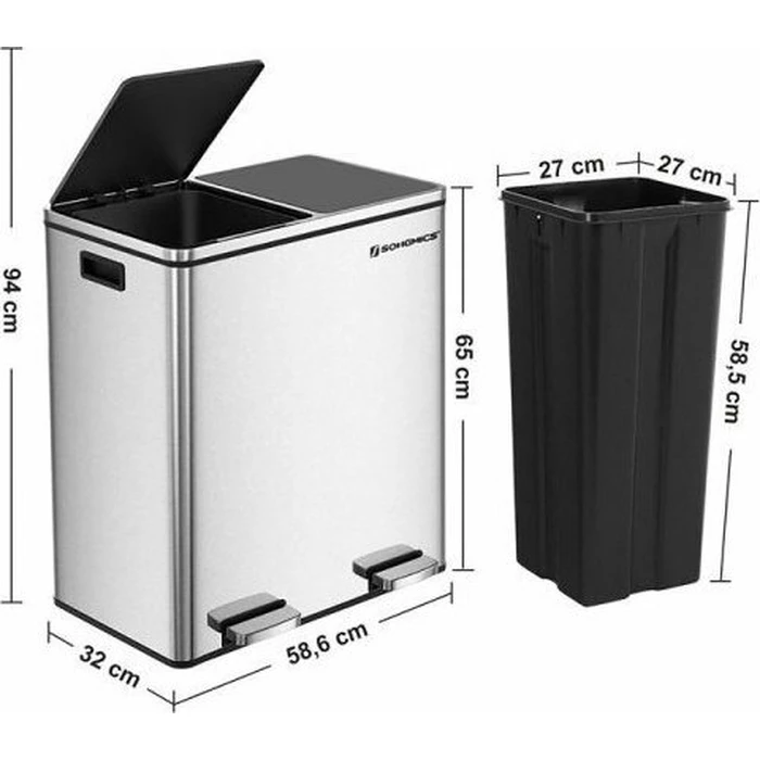 SONGMICS Default Songmics Metal Double Waste Bin Stainless Steel with 2 Pedals and Soft Close System 60 L Silver