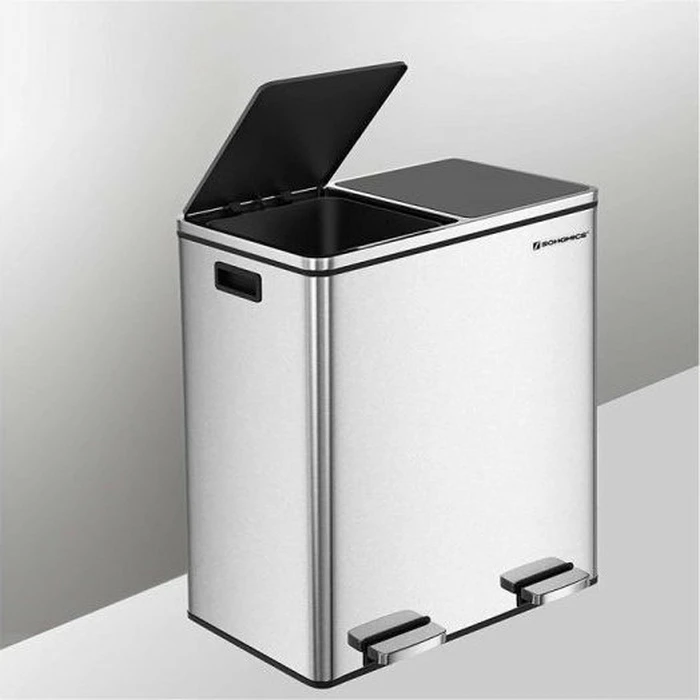 SONGMICS Default Songmics Metal Double Waste Bin Stainless Steel with 2 Pedals and Soft Close System 60 L Silver