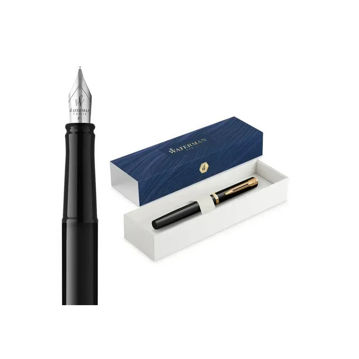 WATERMAN Impression Fountain Pen Black Lacquer GT, Medium Nib (M), Blue, Gift Box