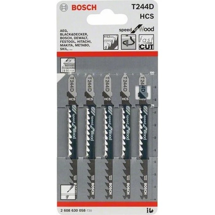 Bosch T244D Speed HCS Jigsaw Blades for Wood - 75 mm, 5 pcs
