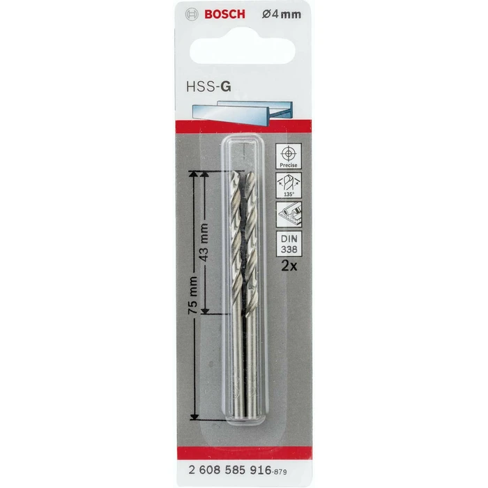 Bosch Τρυπάνια μετάλλου HSS-G 4,0x43x75mm, 2 τεμάχια