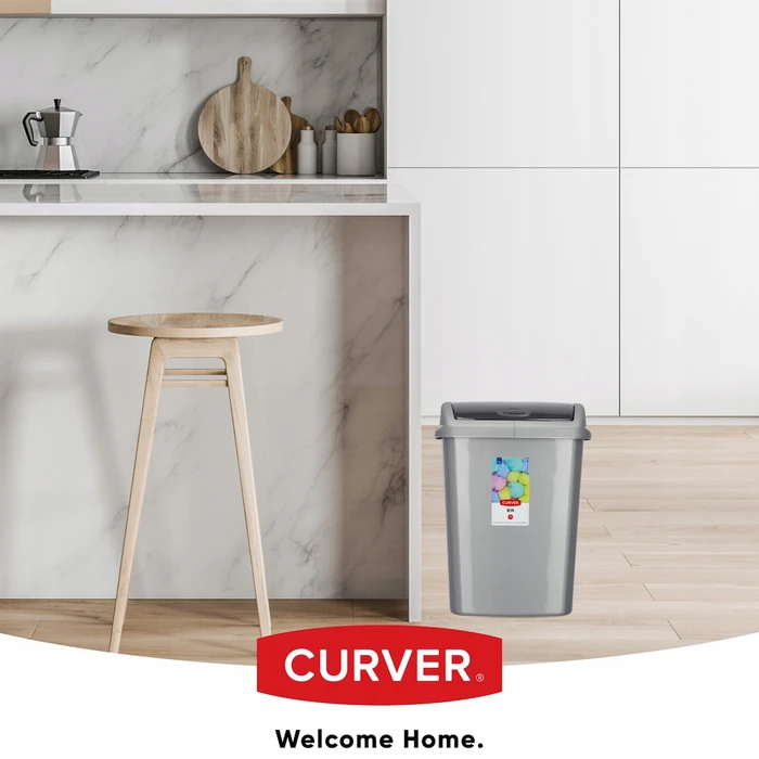 Curver Plastic Waste Bin (Trash Can) 10 L Silver – Model 174993 (20 x 36 x 20 cm)