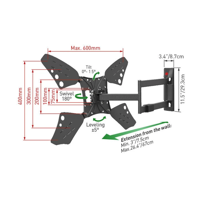 Βάση Τηλεόρασης Τοίχου Barkan 3400L.B 13" - 83" με Βραχίονα και Κλίση