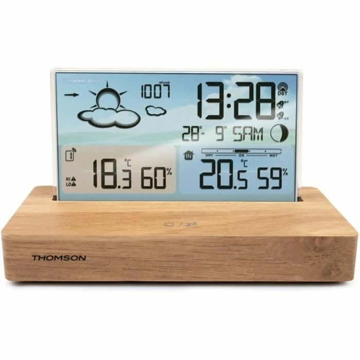 THOMSON Alarm Clock (Analog Hands) with Wood Finish, Radio and Wireless Sensor — CT600 (Brown)