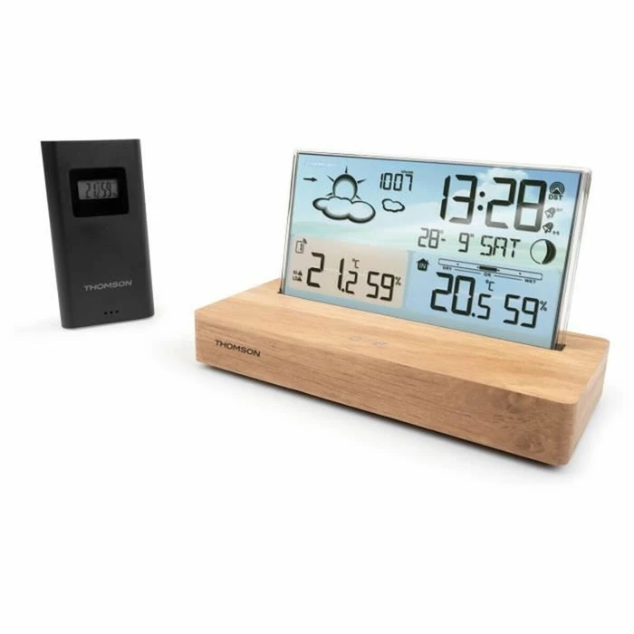 THOMSON Alarm Clock (Analog Hands) with Wood Finish, Radio and Wireless Sensor — CT600 (Brown)