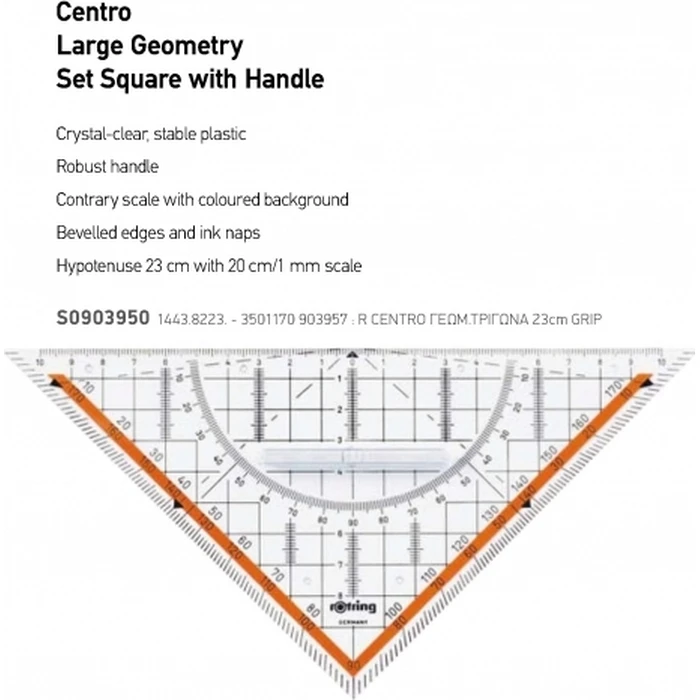 ROTRING Geo-Dreieck Υποτείνουσα 23 cm με λαβή, διάφανο