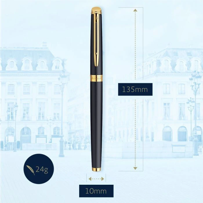 WATERMAN Hemisphere Matte Black Fountain Pen, 23K Gold-Plated Fine Nib (F), Blue Ink, Gift Box