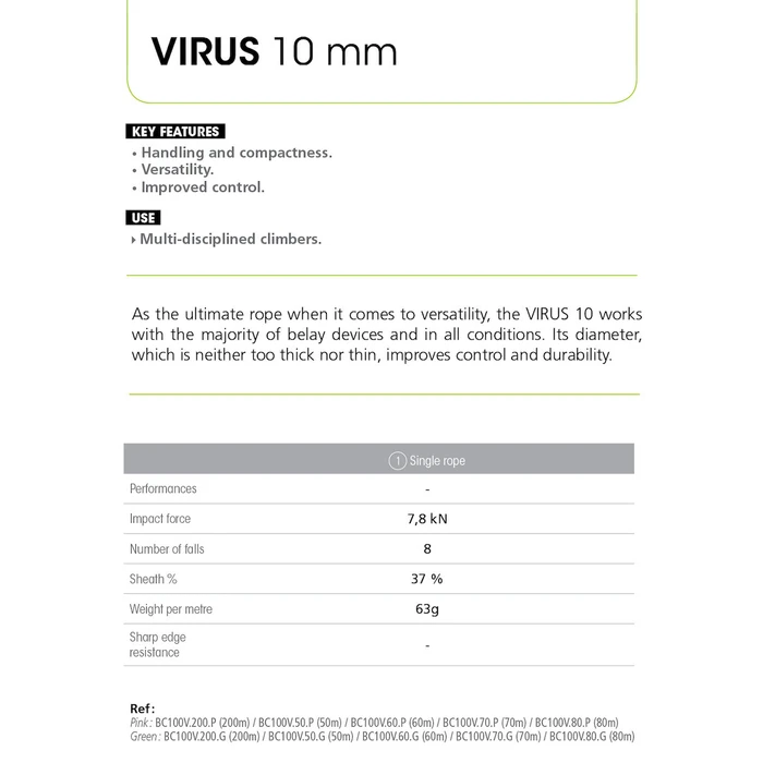 Beal Virus Standard Δυναμικό Σχοινί Ορειβασίας 10 mm, 70 m, Πράσινο
