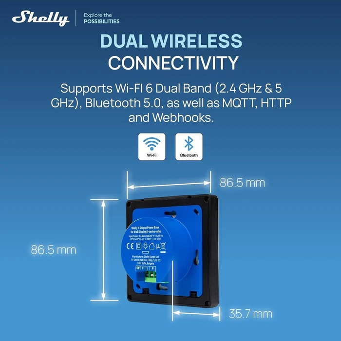 Shelly Χωνευτός Διακόπτης Τοίχου με Οθόνη Αφής Wi‑Fi Μαύρος