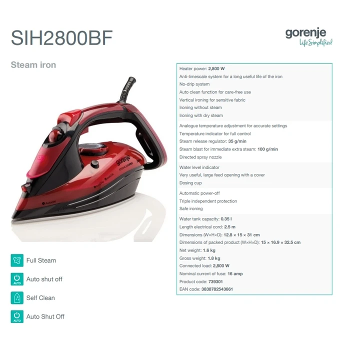Gorenje SIH2800BF Steam Iron 2800W (red)