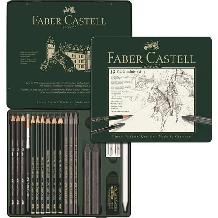 FABER-CASTELL Pitt Graphite Medium Set in Metal Tin, 19 pcs with Eraser & Sharpener, Green