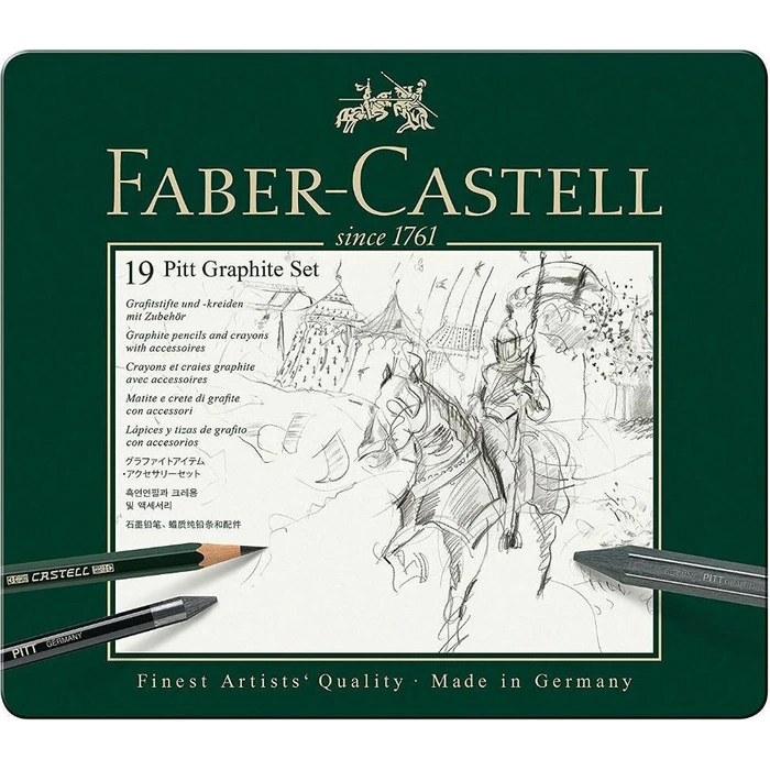 FABER-CASTELL Pitt Graphite Medium Set in Metal Tin, 19 pcs with Eraser & Sharpener, Green