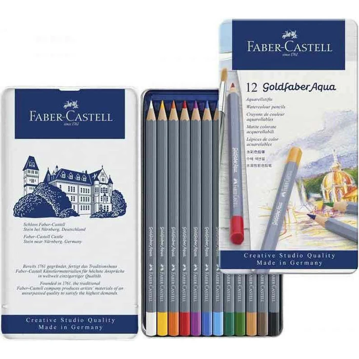 FABER-CASTELL Goldfaber Aqua Watercolour Pencils 12 in Metal Tin (Aqua.stift, SKU 441818)