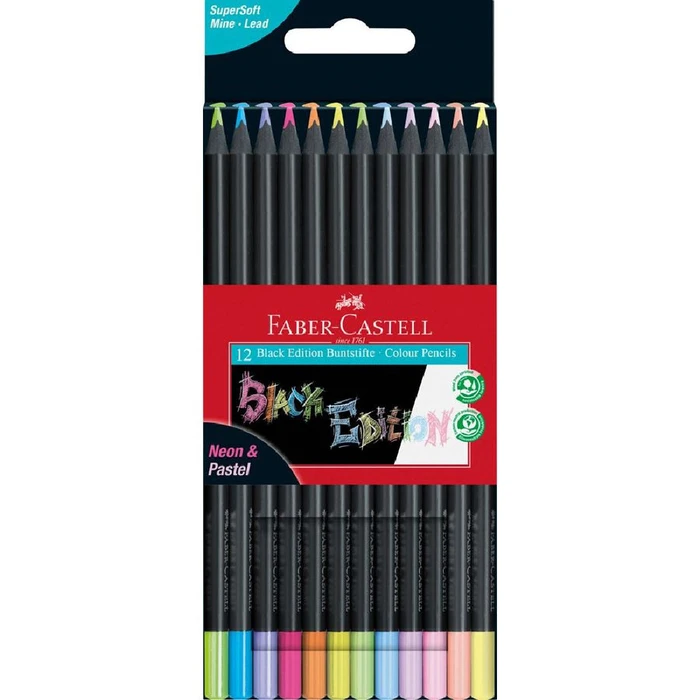 FABER-CASTELL Μολύβια Χρωματιστά Black Edition Neon + Pastell, 12 τεμ.