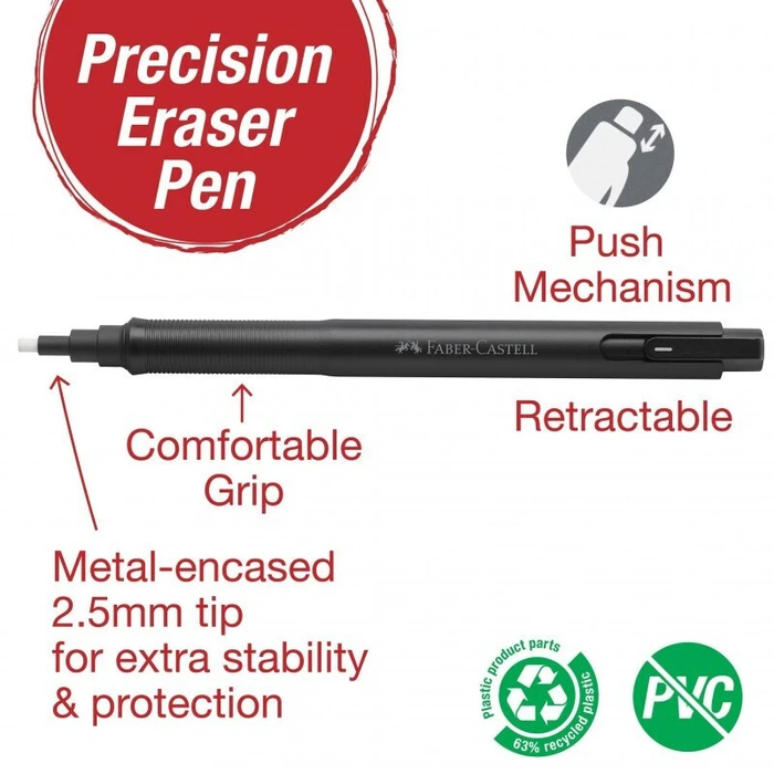 FABER-CASTELL Precision Eraser Pen (Radierstift) with 4 Replacement Eraser Refills - MPN 185610
