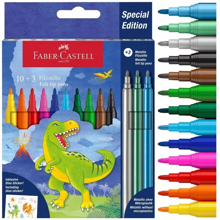 FABER-CASTELL Φιλοχρωματικοί Μαρκαδόροι Dino 10+3 με Αυτοκόλλητα