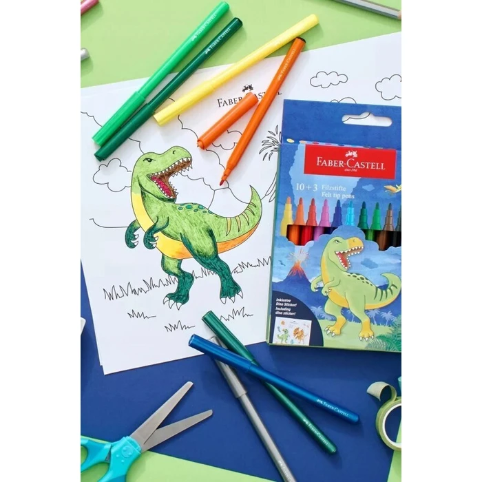FABER-CASTELL Φιλοχρωματικοί Μαρκαδόροι Dino 10+3 με Αυτοκόλλητα