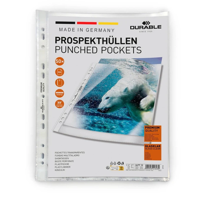 DURABLE Θήκες Προβολής A4 Premium 0,08 mm 50 τεμ. γυαλιστερές (διαφανείς)