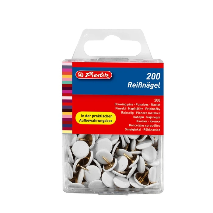 Herlitz Drawing Pins (Thumbtacks) Metal Pin with Round White Plastic Head, 200 pcs