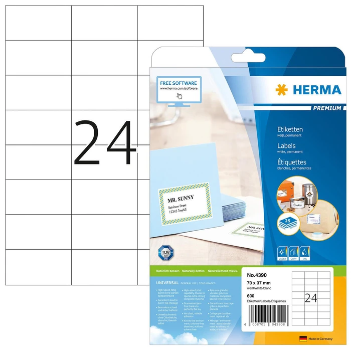 HERMA Ετικέτες Premium A4 70 x 37 mm, 600 τεμάχια (25 φύλλα, 24 ετικέτες/φύλλο)