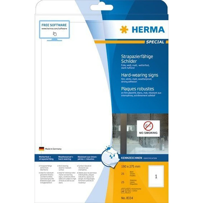 HERMA Self‑adhesive Labels White 190 x 275 mm (Film) – 25 Sheets