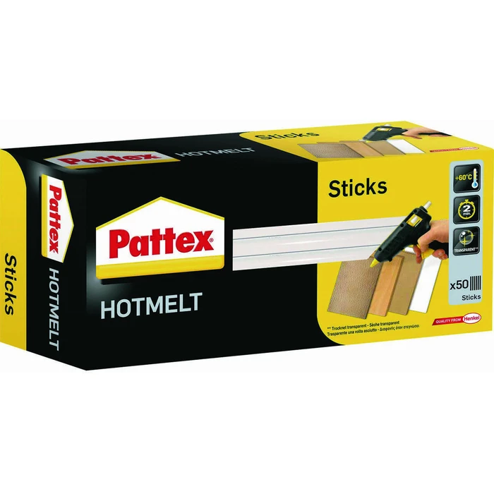 Pattex Hot Sticks, transparent hot melt glue sticks, 11 mm diameter, 20 cm length, 50 sticks (1 kg)