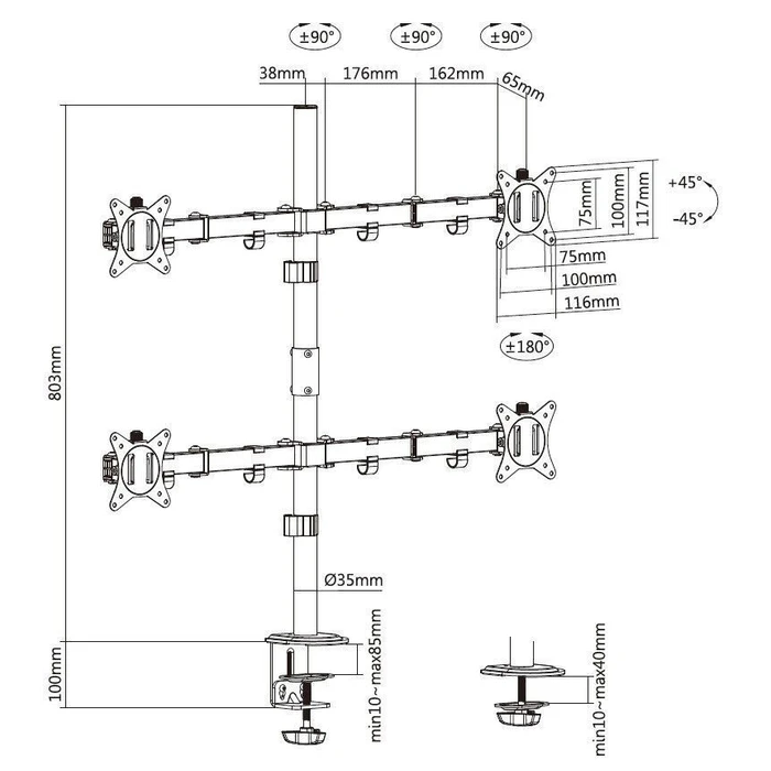 EQUIP Desk Monitor Mount for 17"–32" (4TFT) 360°, 4 x 9 kg, Black — Model 650159