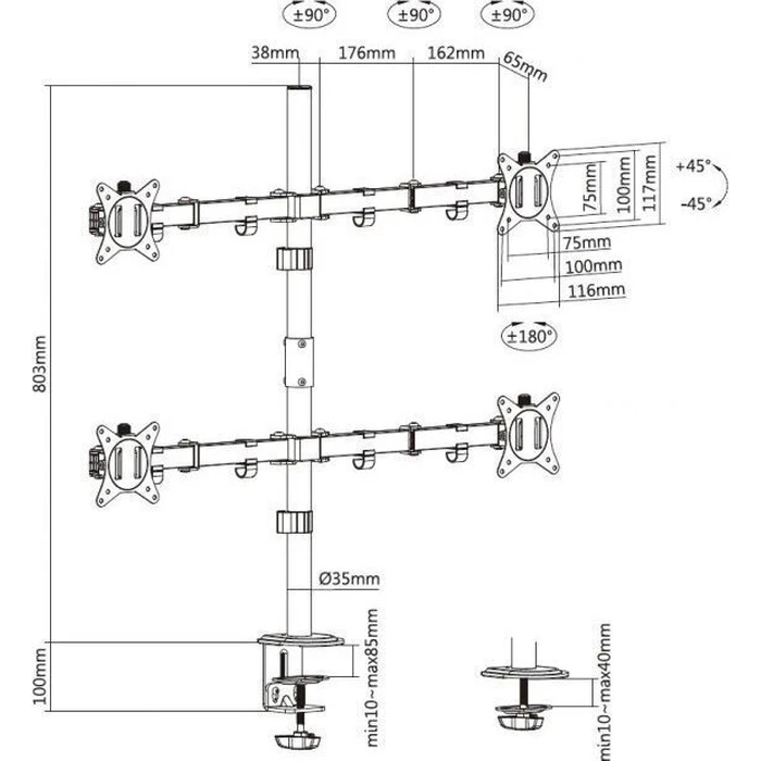 EQUIP Desk Monitor Mount for 17"–32" (4TFT) 360°, 4 x 9 kg, Black — Model 650159