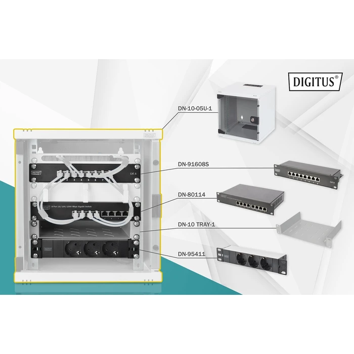 Digitus 10" σετ δικτύου DN-10-SET-1 – 6U τοίχoυ μεταλλικό ερμάριο με πόρτα γυαλί, 8-port switch, patch panel CAT6, 10x CAT6 1m